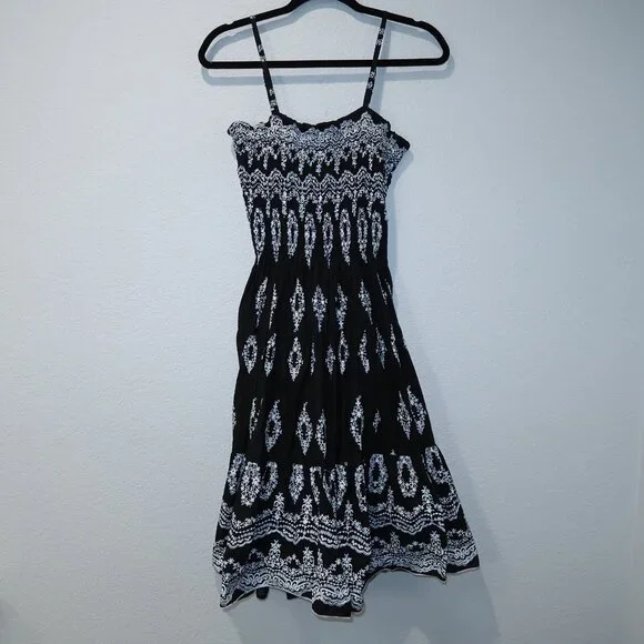 Dress Midi Womens Smocked Tank Top Sleeveless Black White A Line Summer S/M - Picture 3 of 12